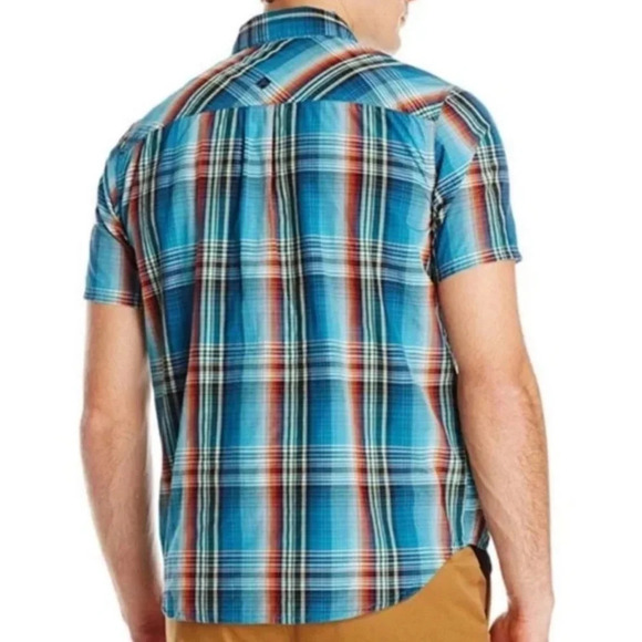 prAna Men's Medium Ostend Short Sleeve Button Down Shirt Plaid Blue Teal Orange - Picture 6 of 7